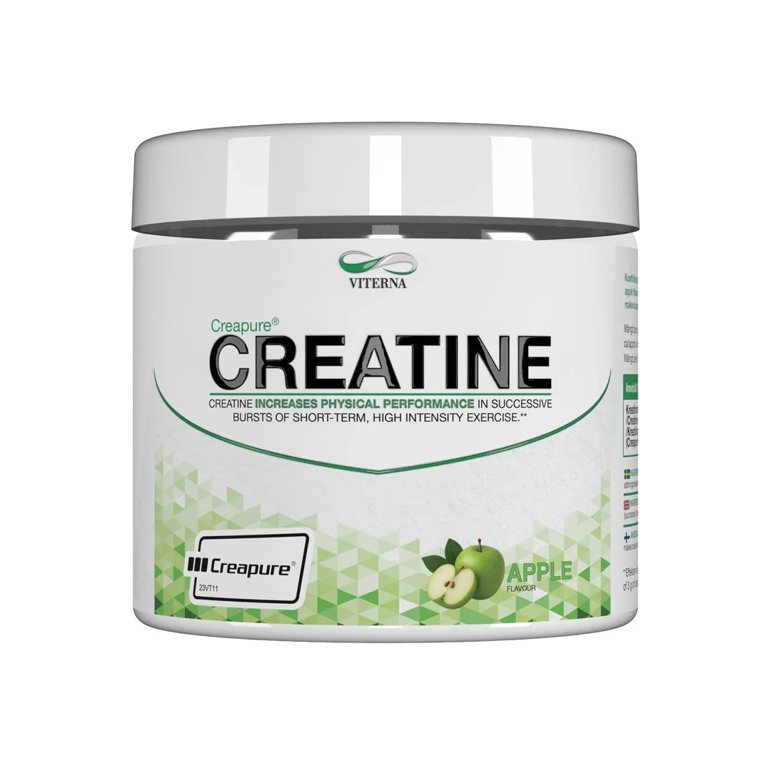 Viterna Creapure® 300 g kreatinpulver i en vit burk med gröna detaljer och äpplen för smaken Apple., bild 1 av 3