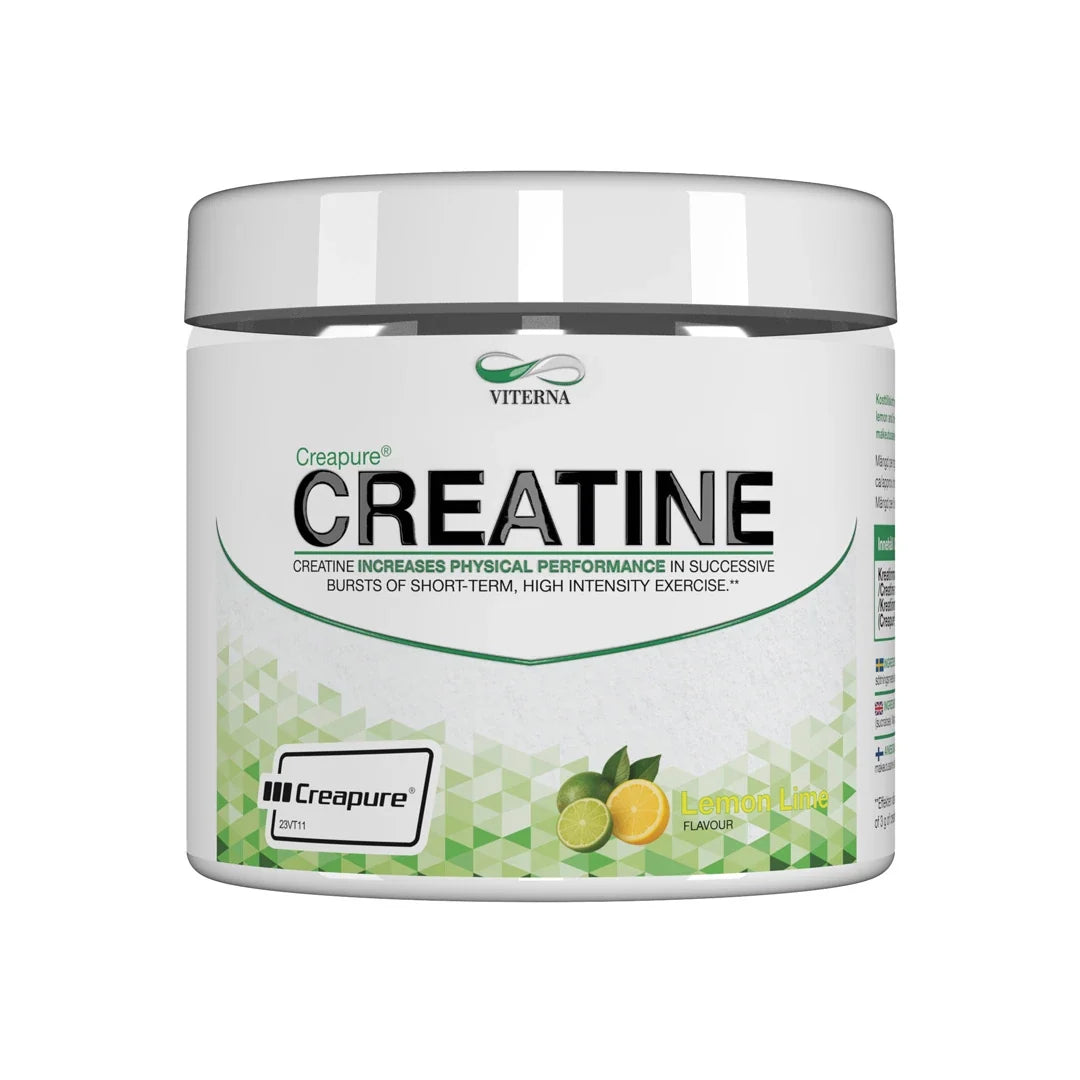 Viterna Creapure® 300 g kreatinpulver i en vit burk med gröna detaljer för smaken Lemon Lime.