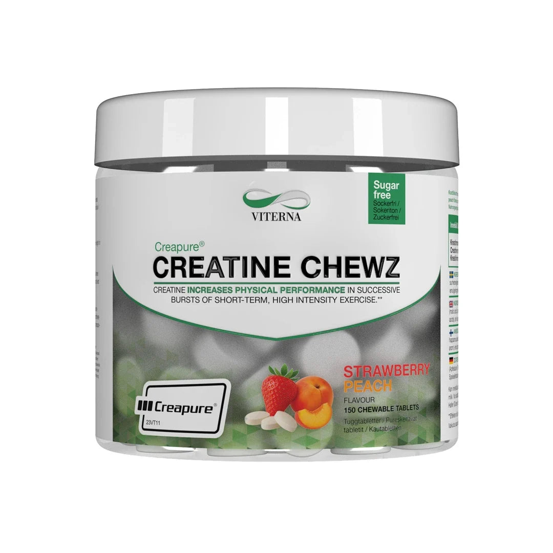 Viterna Creapure® Chewz 150 pcs tuggtabletter i en transparent burk med vitt lock för smaken Strawberry Peach.