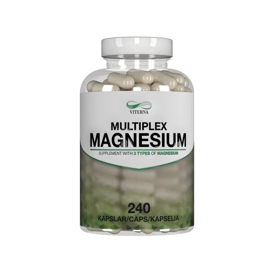 Viterna Multiplex Magnesium 240 caps kosttillskott i en genomskinlig burk med vit etikett och gröna detaljer., bild 1 av 1