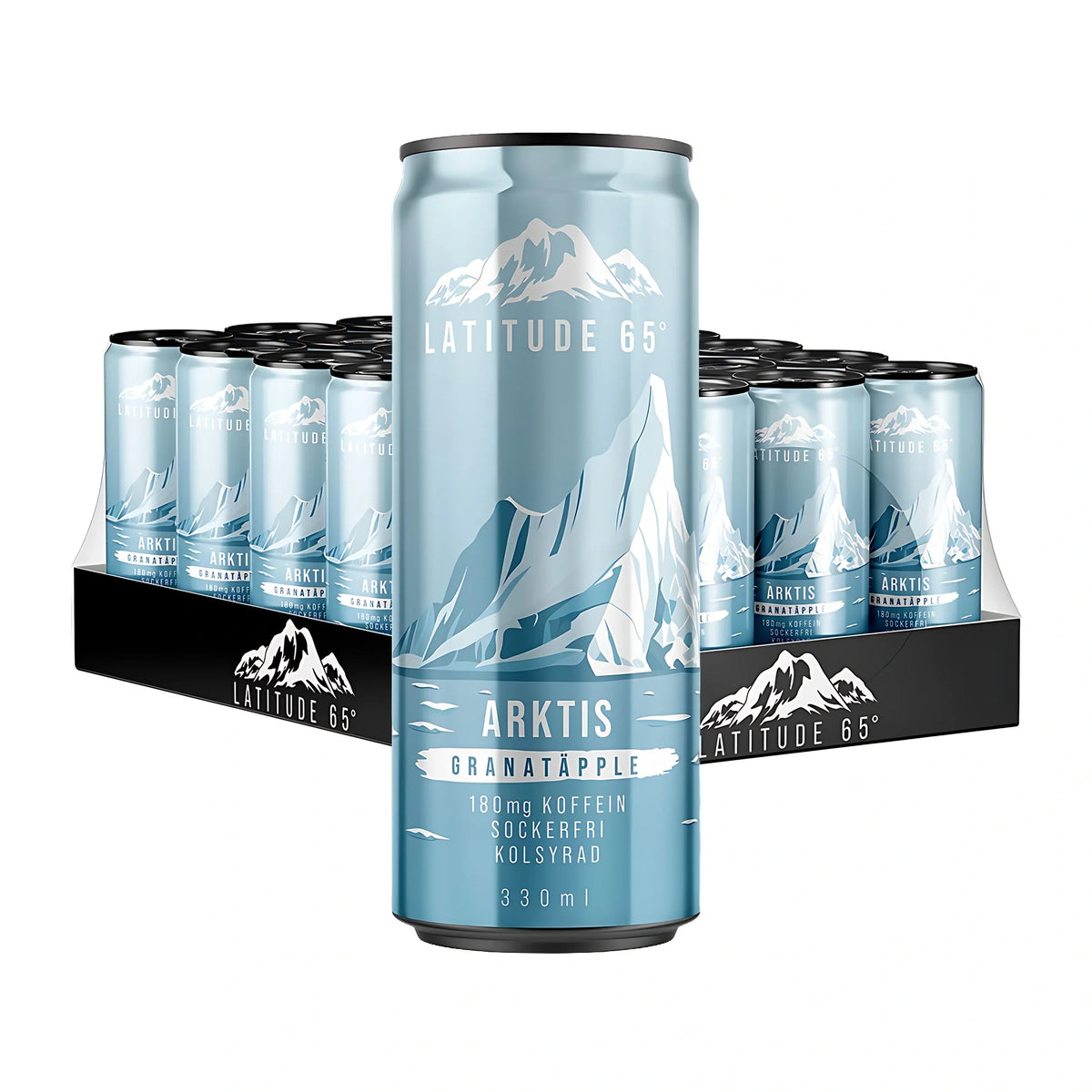 24 x Latitude 65 330 ml Arktis - Granatäpple på ett flak med ljusblå burkar dekorerade med bergsmotiv.