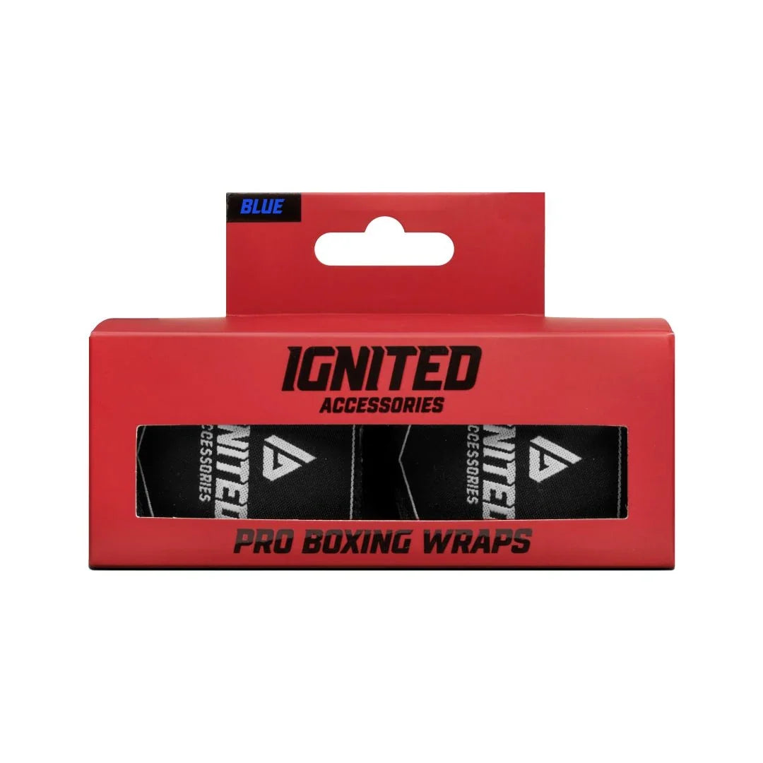 Ignited Boxing Hand Wraps Deep Blue 4.5, mörkblå stretchiga handlindor för kampsport i en röd förpackning.