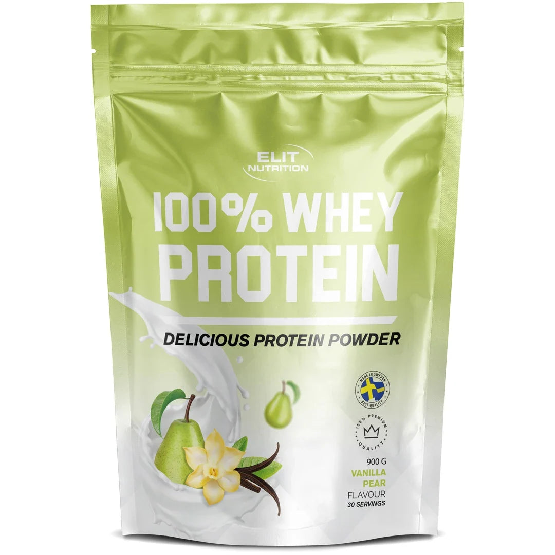 Elit Nutrition 100% Whey Protein 900 g proteinpulver i en ljusgrön påse för smaken Vanilla Pear., bild 4 av 6