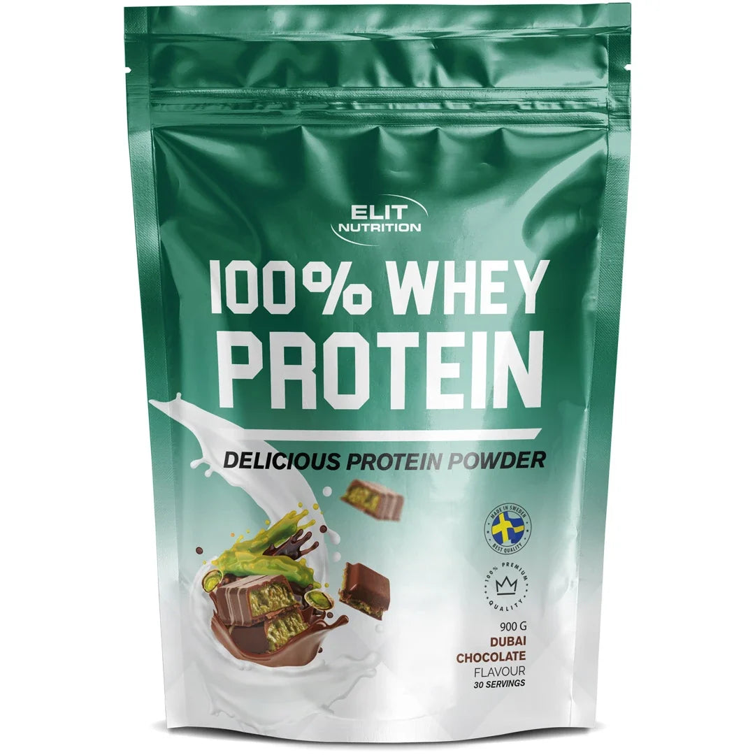 Elit Nutrition 100% Whey Protein 900 g proteinpulver i en grön påse för smaken Dubai Chocolate., bild 5 av 6