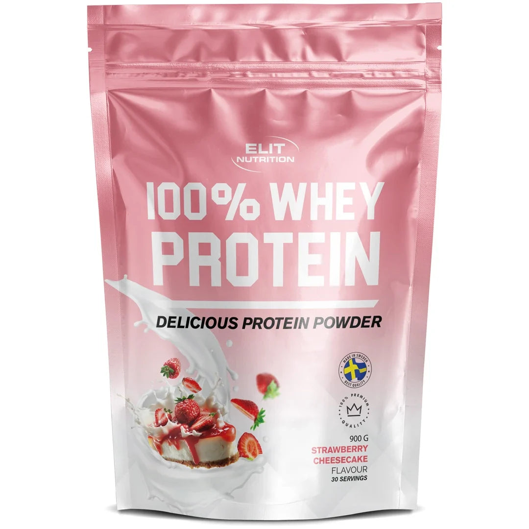 Elit Nutrition 100% Whey Protein 900 g proteinpulver i en rosa påse för smaken Strawberry Cheesecake., bild 6 av 6
