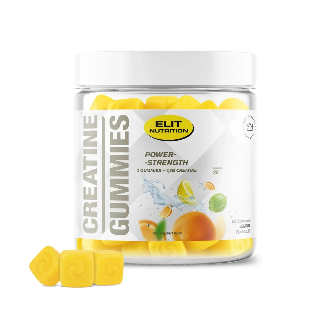 Elit Nutrition Creatine Gummies 60 pcs i en transparent burk fylld med gula godisar med citronsmak., bild 1 av 1