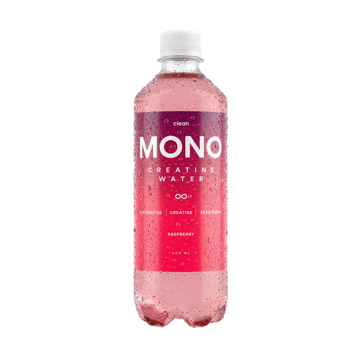 Clean MONO Creatine Water 500 ml drickfärdigt kreatinvatten i en transparent flaska med rosa och lila etikett för smaken Raspberry.