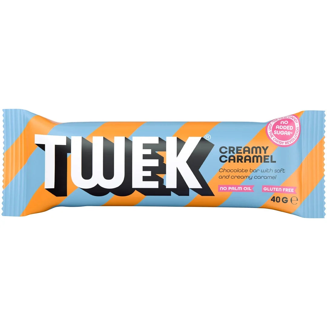 Tweek Sweets Bar 40 g chokladbar i en ljusblå och orangerandig förpackning för smaken Creamy Caramel., bild 3 av 3