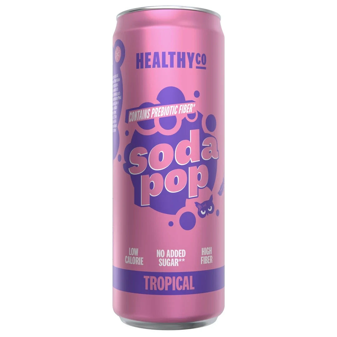 HealthyCo Soda Pop 330 ml sockerfri läsk i en rosa burk med lila detaljer och smaken Tropical., bild 1 av 1