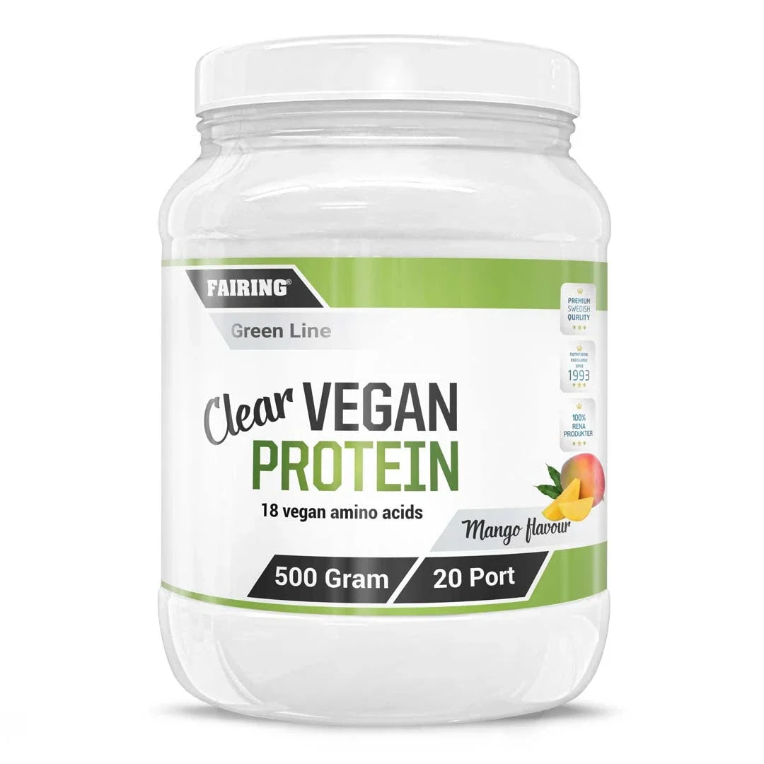Fairing Clear Vegan Protein 500 g veganskt proteinpulver i en vit plastburk med grön etikett för smaken Mango., bild 1 av 1