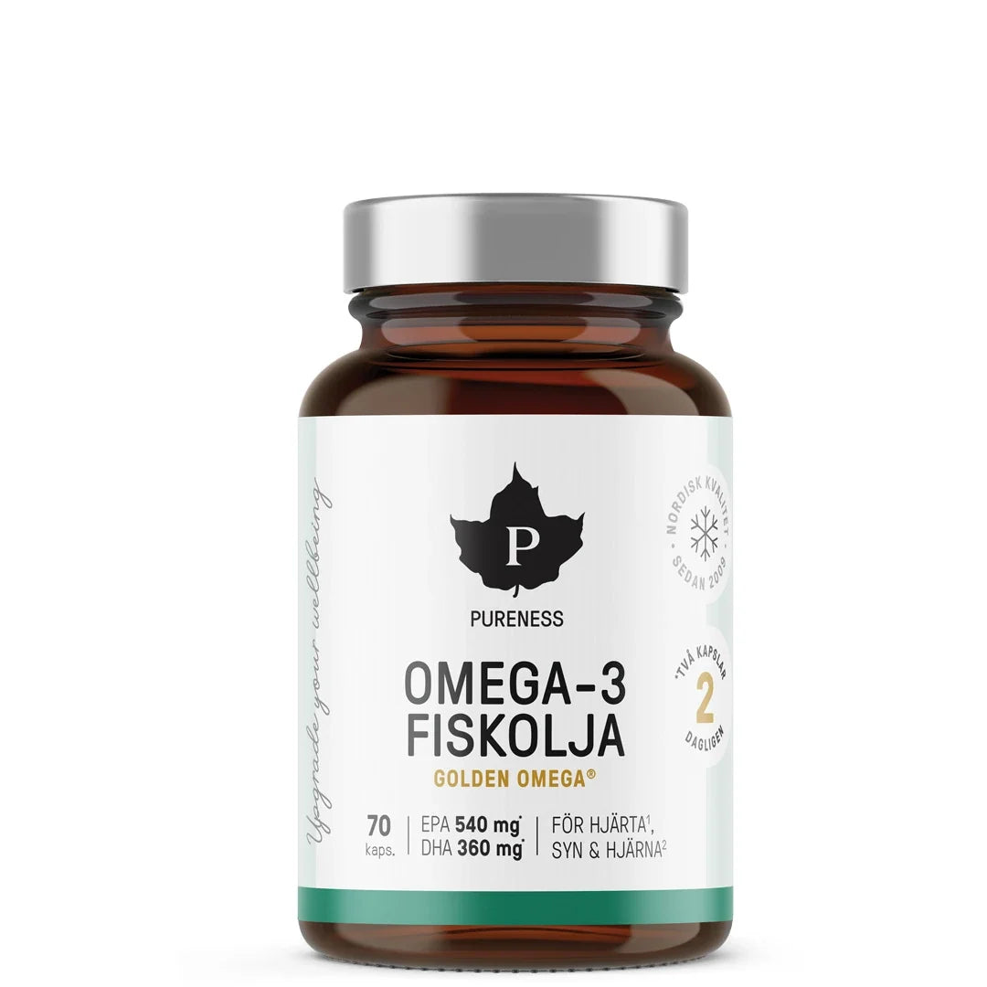 Pureness Omega-3 Fiskolja 70 caps, förpackad i en mörkbrun burk med silverfärgat lock och stilren vit etikett., bild 1 av 1
