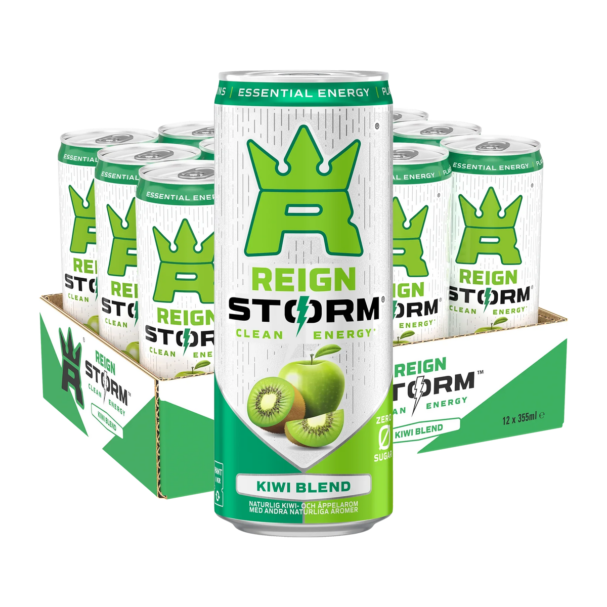 12 x Reign Storm Energy 355 ml Kiwi Blend i ett grönt och vitt flak med matchande burkar.