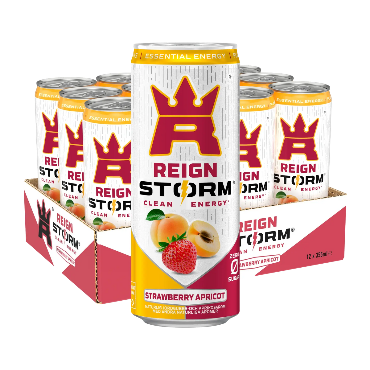 12 x Reign Storm Energy 355 ml på ett flak med vita burkar och röda detaljer för smaken Strawberry Apricot.