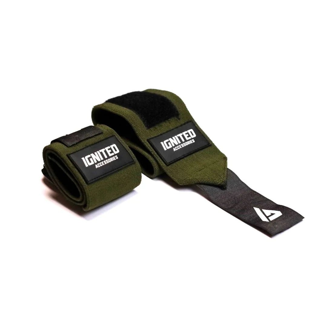 Ignited Pro Wrist Wraps Military Green 13", militärgröna handledslindor i bomull med svarta detaljer för tunga lyft., bild 1 av 1