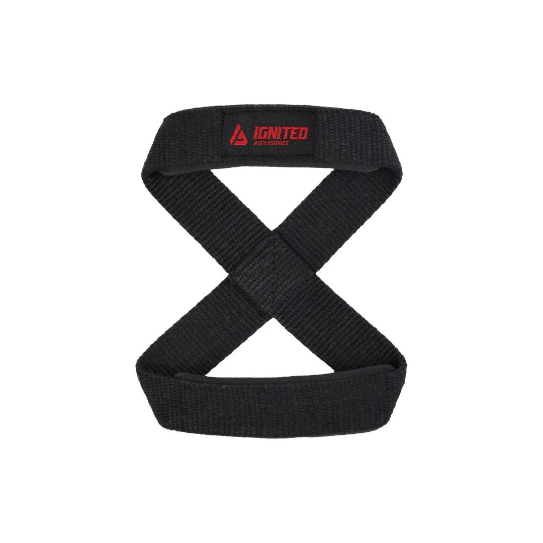 Svarta Ignited Figure 8 Lifting Straps i slitstark bomull med röda logotypdetaljer, designade som en åtta för tunga lyft.
