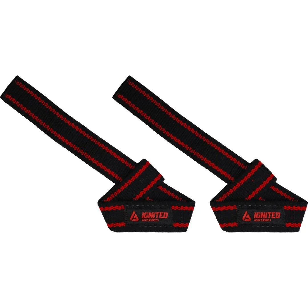 Ignited Premium Padded Lifting Straps Black/Red, två svarta lyftremmar i bomullscanvas med röda detaljer och vaddering.