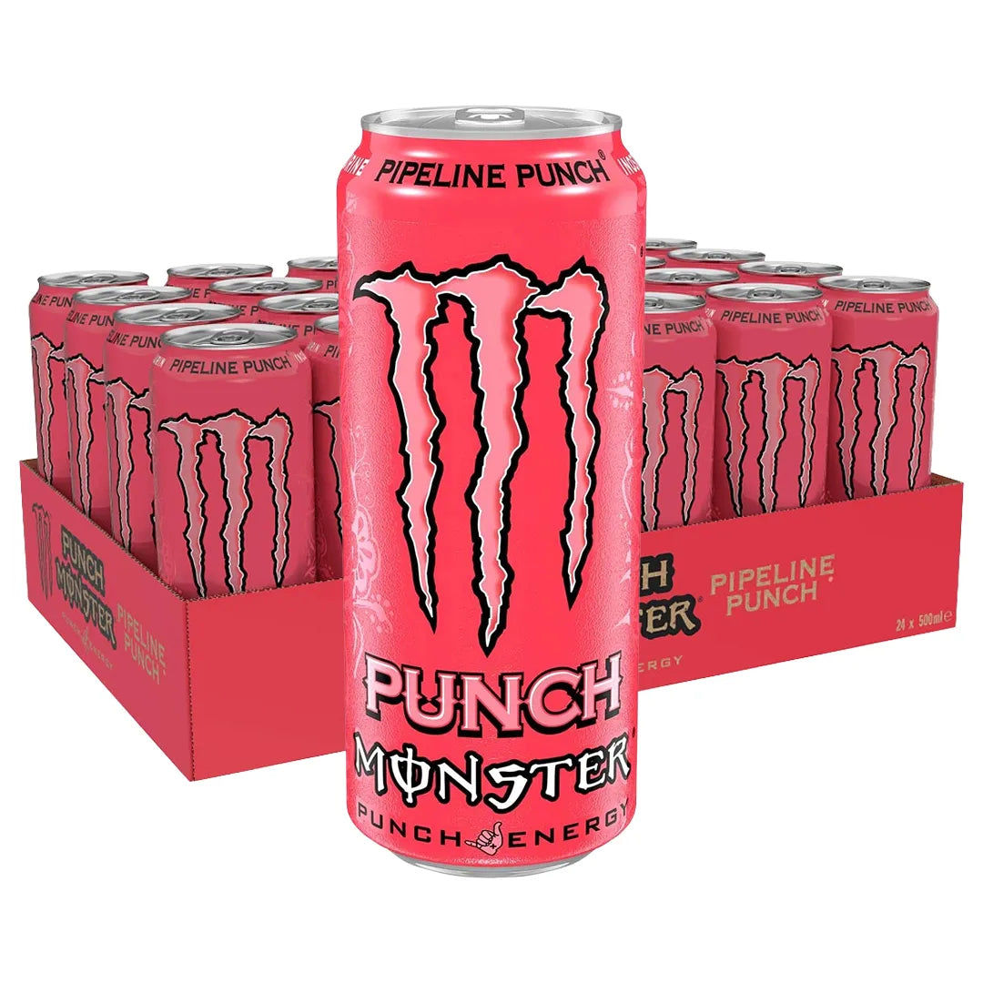 24 x Monster Energy 500 ml Pipeline Punch i ett rött flak med rosa och svarta burkar., bild 1 av 1