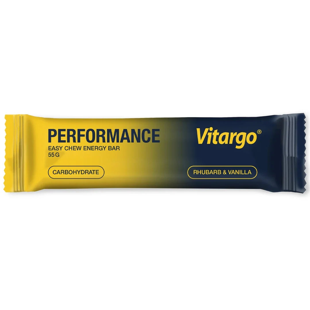 Vitargo Performance Bar 55 g kolhydratbar i en gul och mörkblå förpackning för smaken rabarber och vanilj.