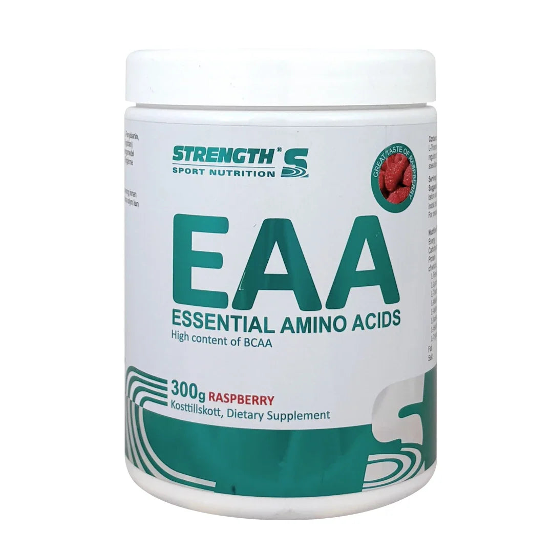 Strength Sport Nutrition EAA 300 g aminosyror i en vit burk med gröna detaljer för smaken Raspberry.