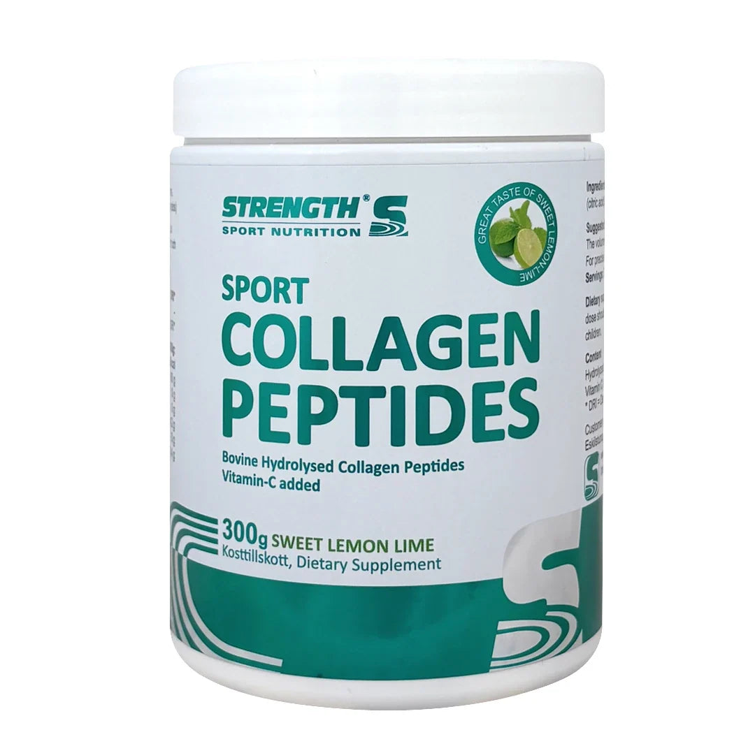 Strength Sport Nutrition Collagen Peptides 300 g i en vit burk med gröna detaljer och text för smaken Sweet Lemon Lime.
