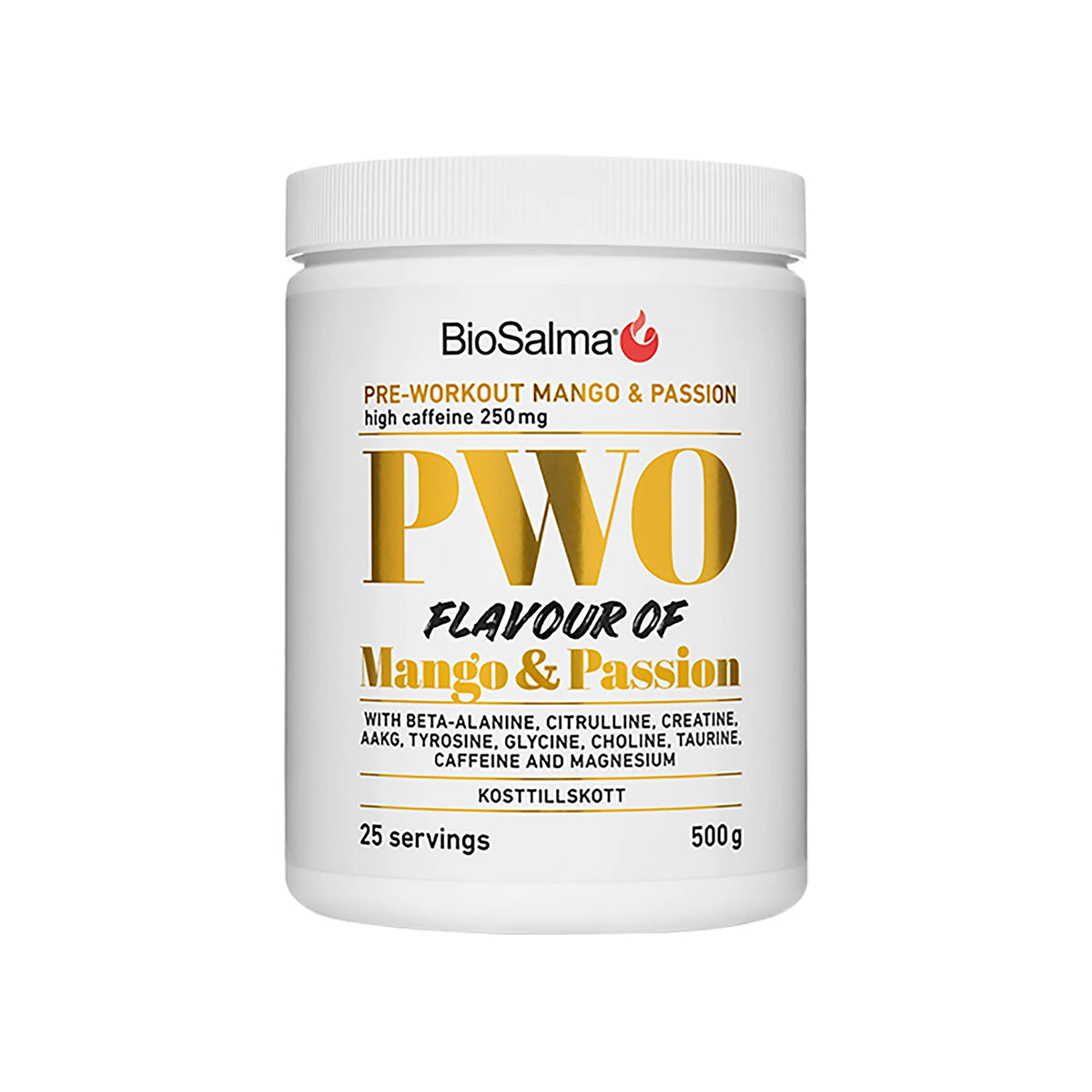 BioSalma PWO 500 g PWO-pulver i en vit burk med gula detaljer för smaken Mango Passion., bild 1 av 2