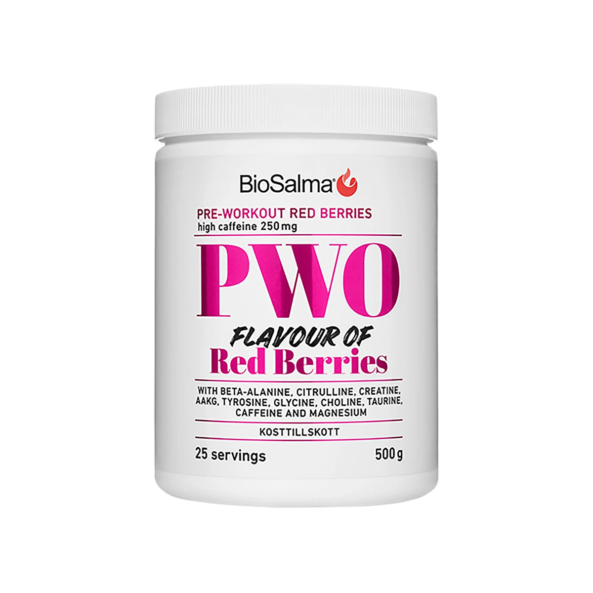 BioSalma PWO 500 g PWO-pulver i en vit burk med rosa detaljer och smaken Red Berries., bild 2 av 2