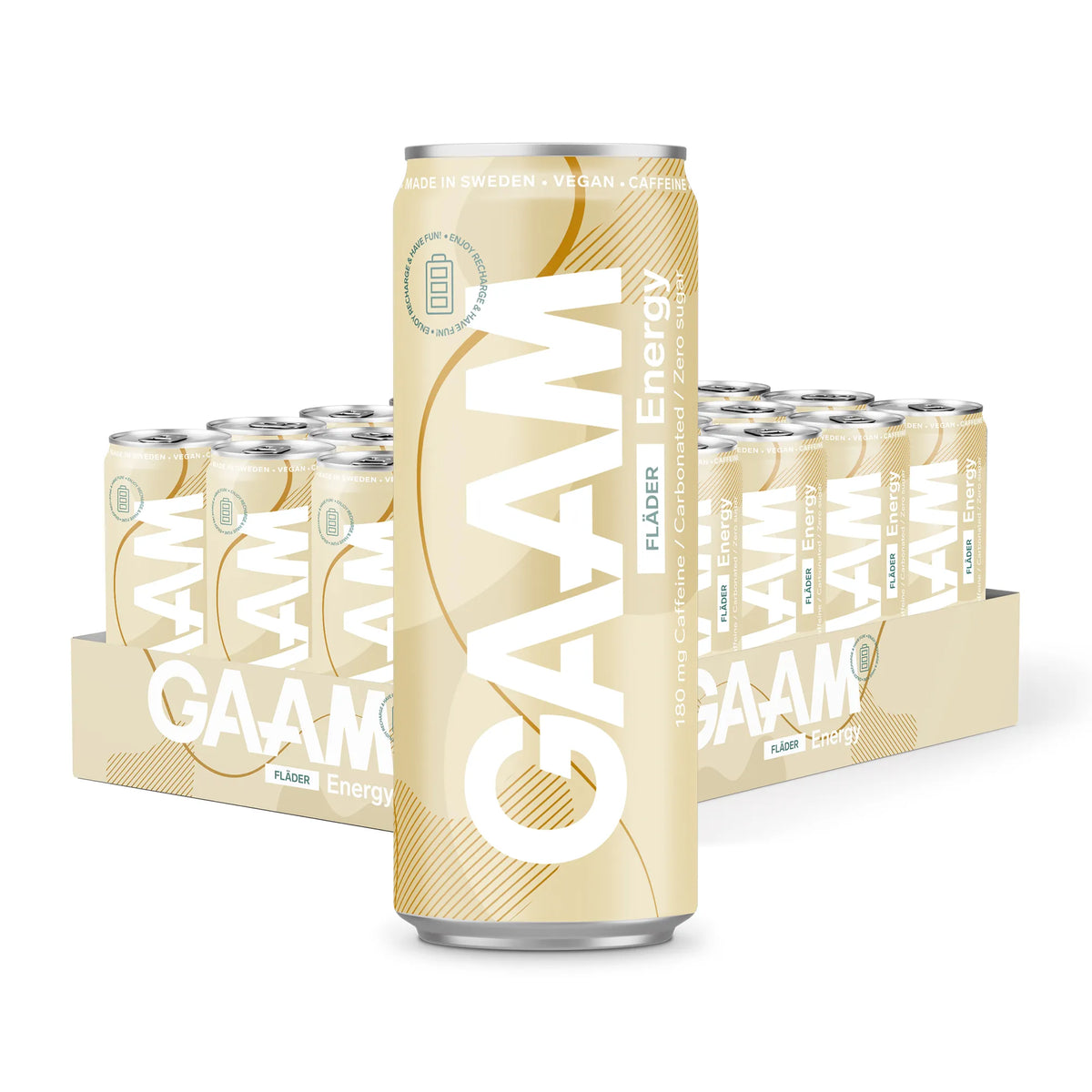 24 x GAAM Energy 330 ml Fläder i ett ljust guldfärgat flak med vita detaljer och en burk i förgrunden., bild 1 av 1