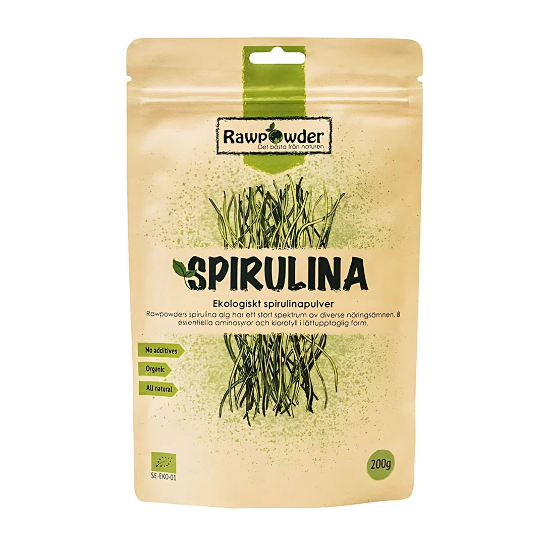 Rawpowder Spirulinapulver 200 g ekologiskt kosttillskott i en beige papperspåse med gröna detaljer., bild 1 av 1