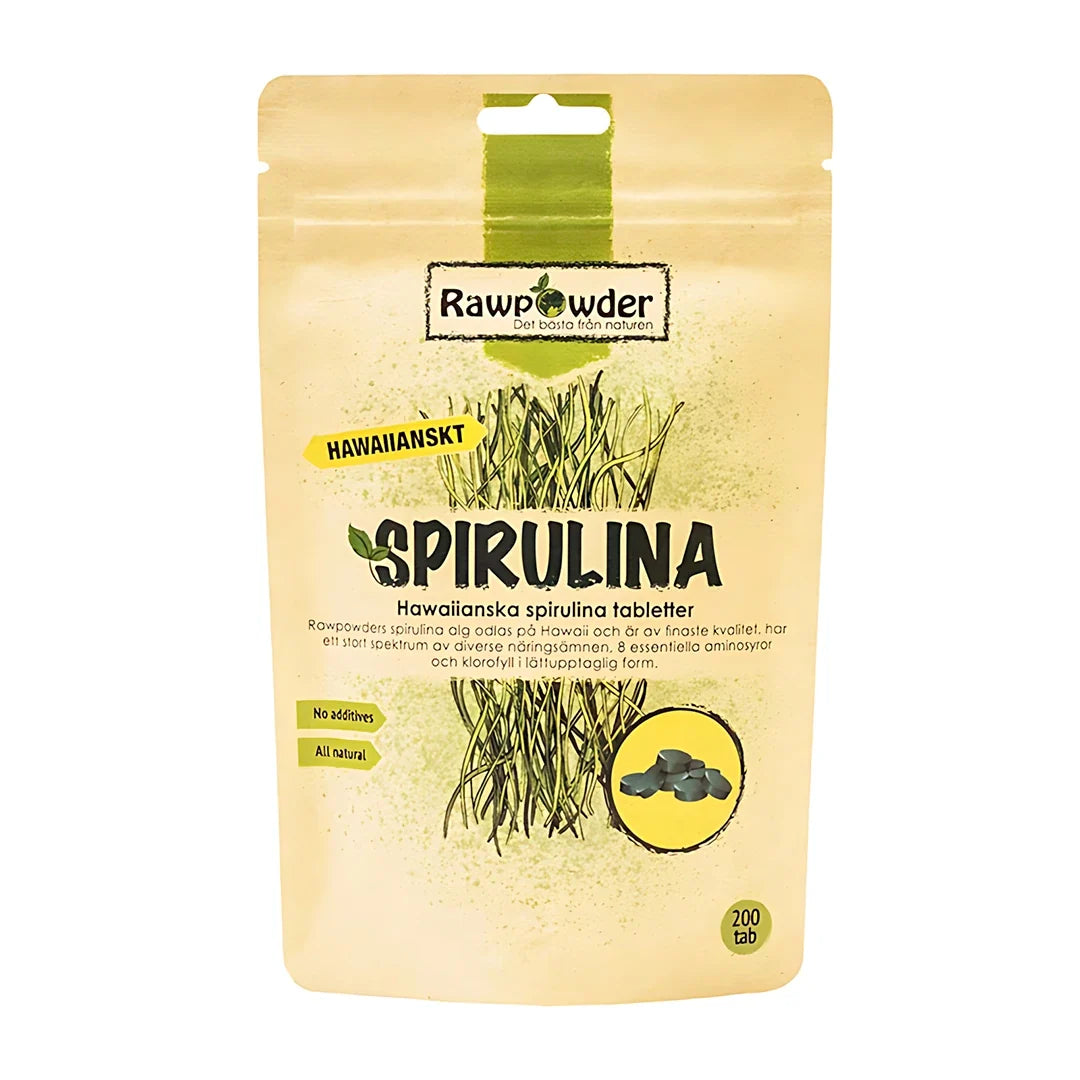 Rawpowder Spirulina Hawaii 200 tabs i en beige papperspåse med gröna detaljer och illustrationer.
