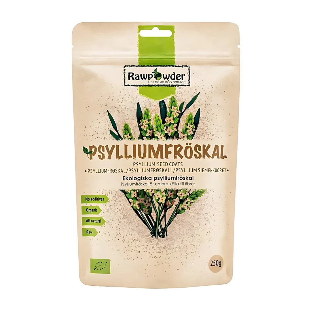 Rawpowder Psylliumfröskal 250 g förpackad i en beige påse med gröna växtillustrationer., bild 1 av 1