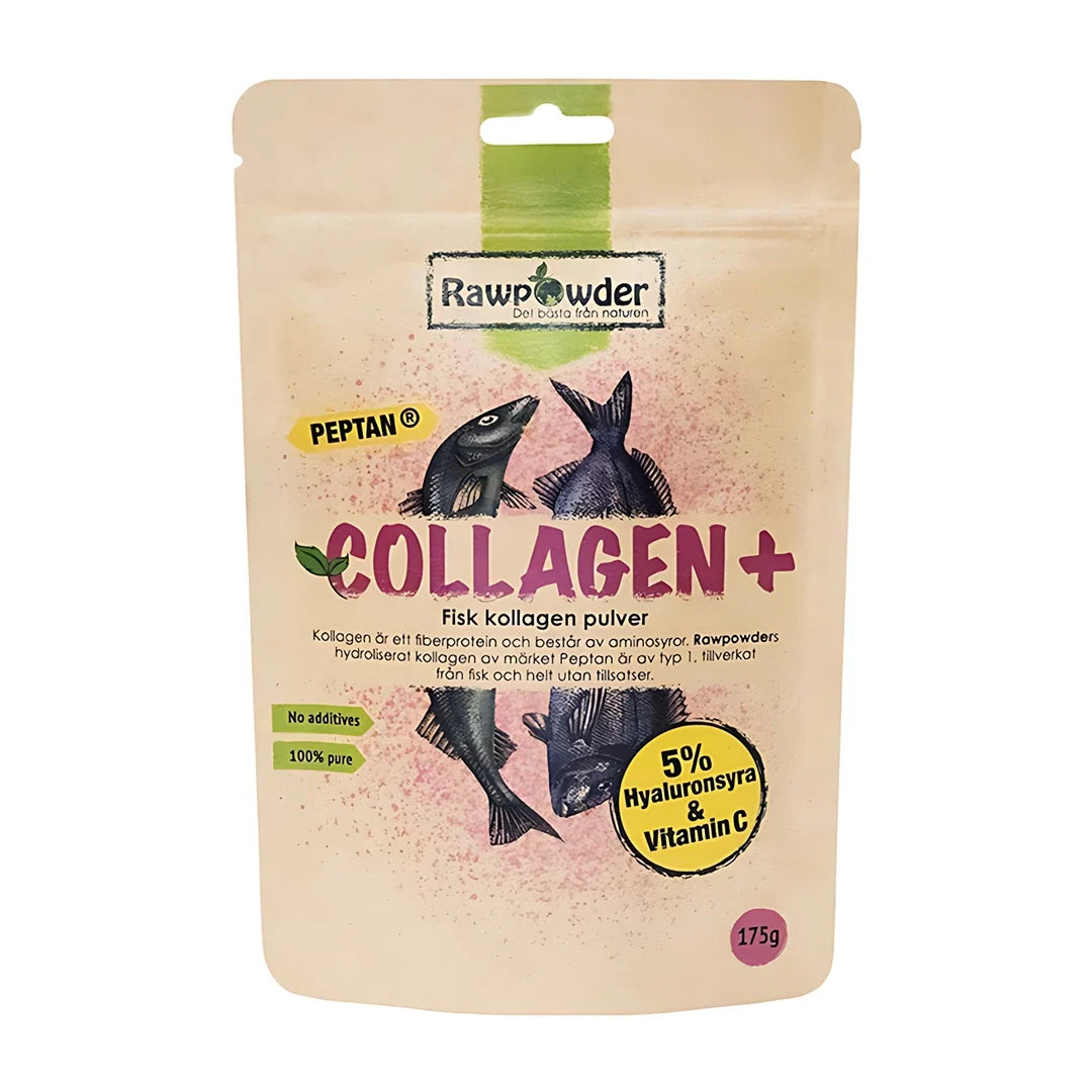 Rawpowder Collagen+ 175 g är ett fiskkollagenpulver i en beige påse med lila text och illustrationer av fiskar., bild 1 av 1