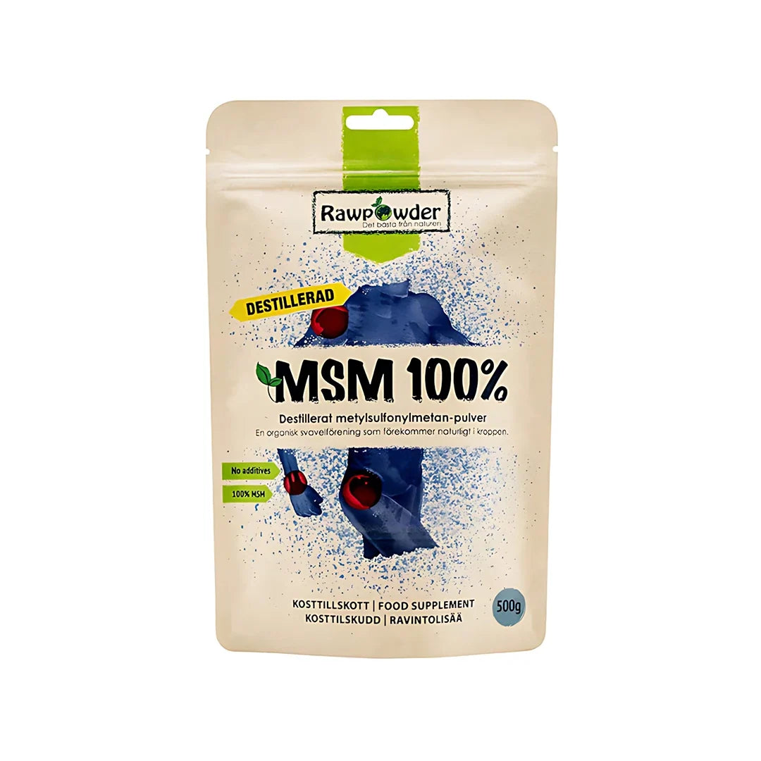 Rawpowder 100% MSM 500 g kosttillskott i pulverform, förpackad i en ljus påse med blå illustration och svarta textdetaljer.