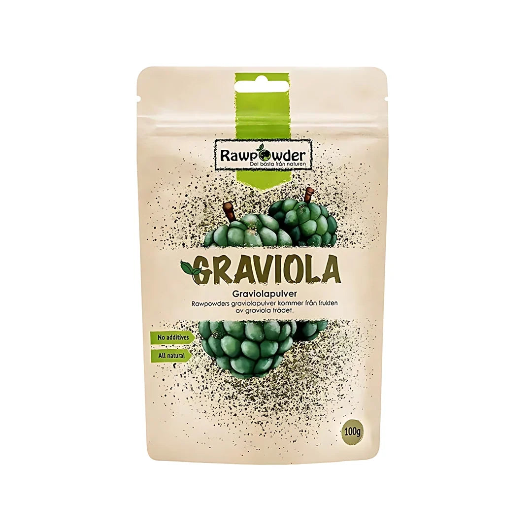 Rawpowder Graviolapulver 100 g förpackad i en beige påse med gröna detaljer och illustration av graviolafrukter., bild 1 av 1
