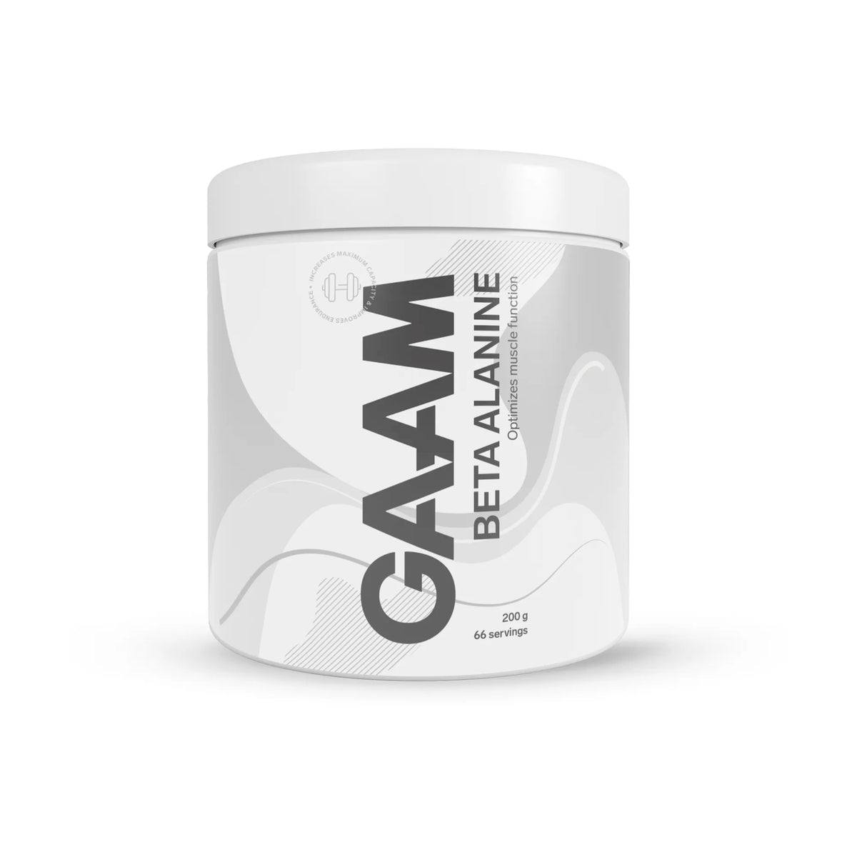 Vit burk med GAAM Beta alanine 200 g aminosyror i pulverform för pre-workout., bild 1 av 1