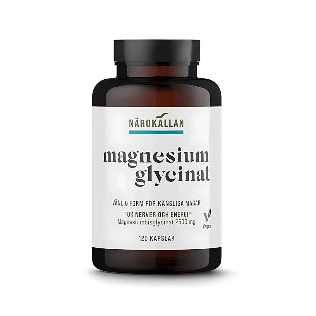 Närokällan Magnesiumglycinat 120 caps veganskt kosttillskott i en mörkbrun burk med vit etikett., bild 1 av 1