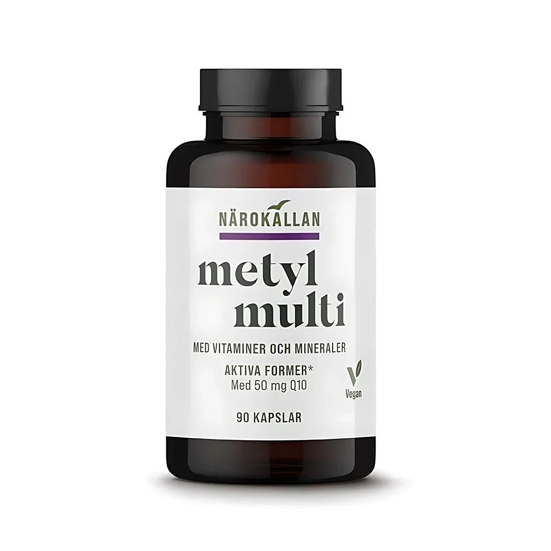 Närokällan Metyl Multivitamin 90 caps i en mörkbrun burk med vit etikett och svart lock., bild 1 av 1