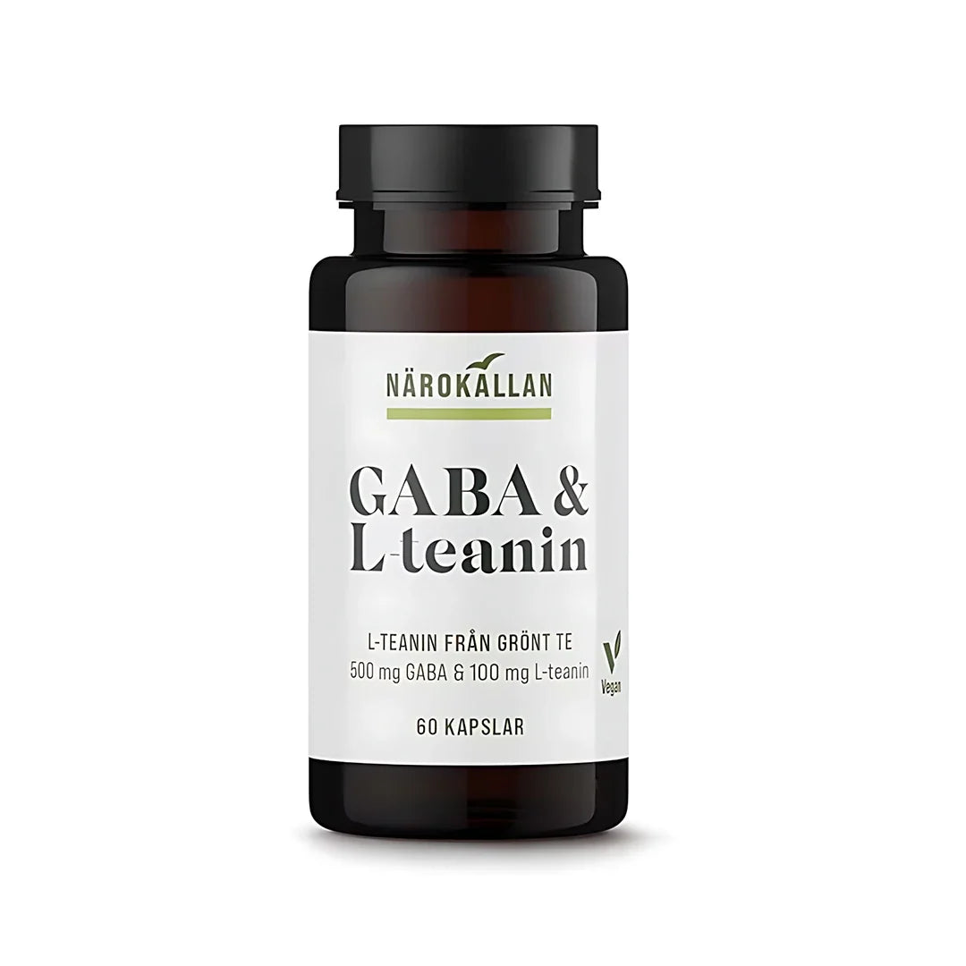 Närokällan GABA + L-Teanin 60 caps i en mörkbrun burk med svart lock och vit etikett., bild 1 av 1