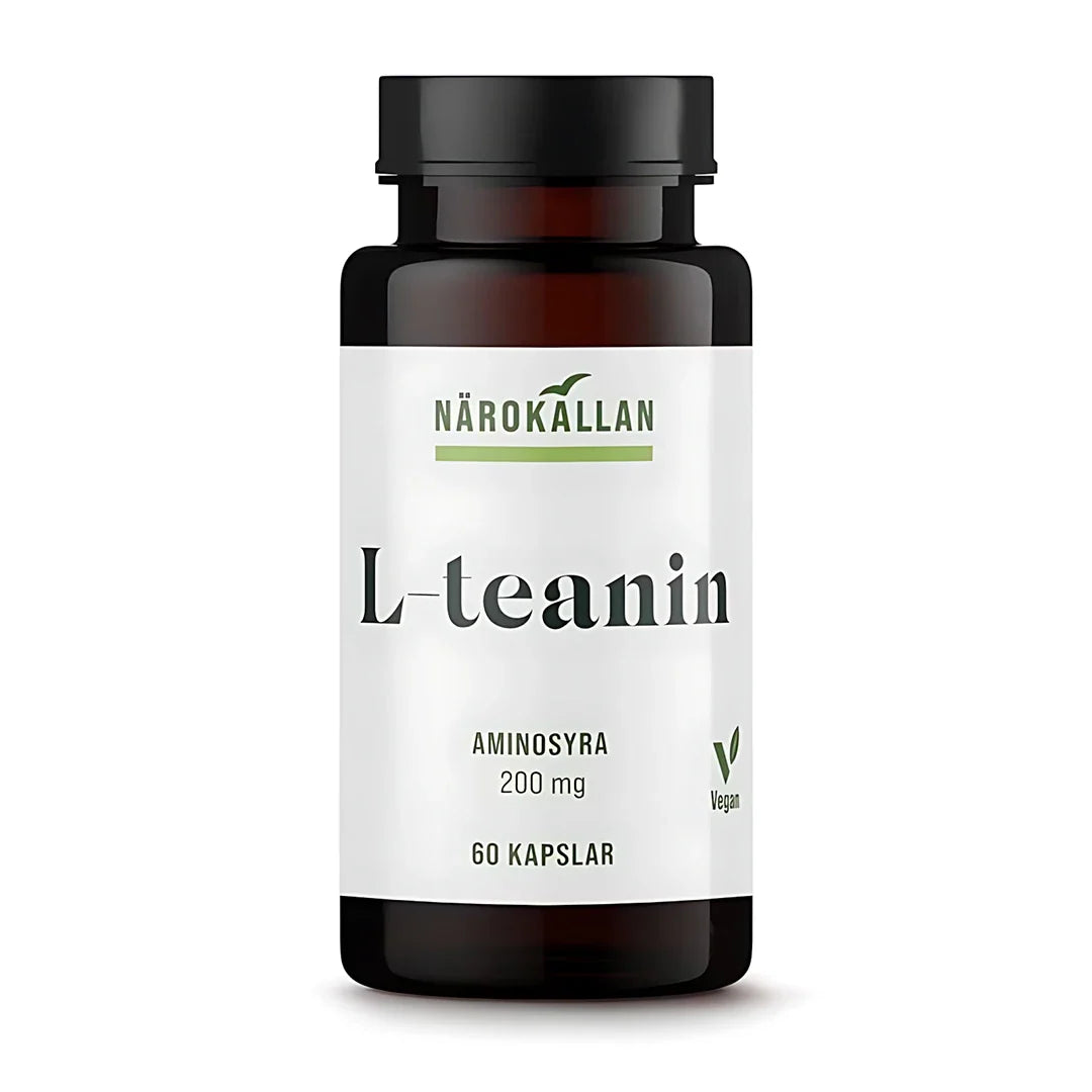 Närokällan L-Teanin 60 caps, veganska aminosyror förpackade i en mörkbrun plastburk med vit etikett., bild 1 av 1