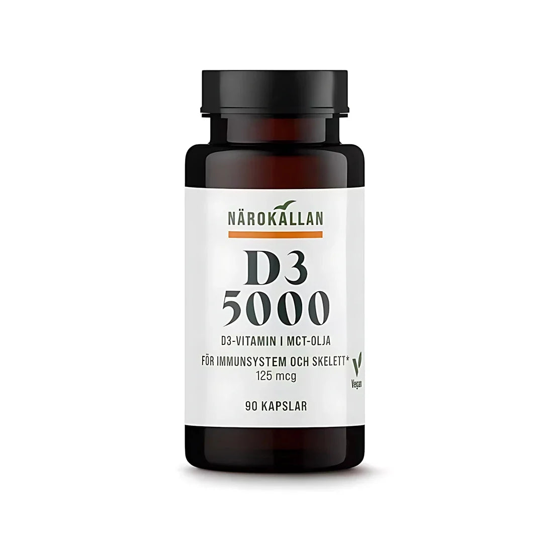 Närokällan D3 5000 Vegan 90 caps kosttillskott i en mörkbrun burk med vit etikett., bild 1 av 1