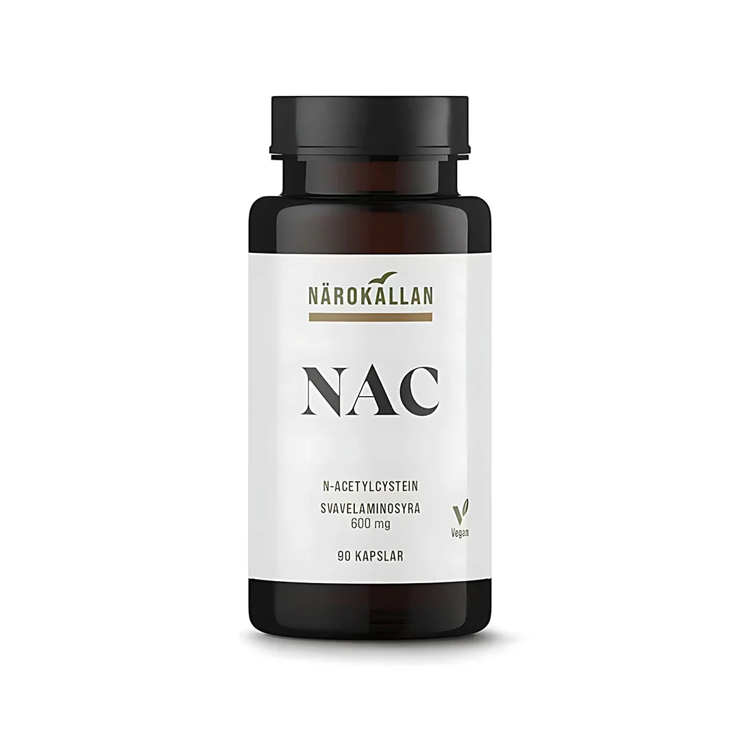 Närokällan NAC N-Acetylcystein 600 mg kosttillskott i en brun burk med vit etikett och svart lock, innehållande 90 kapslar., bild 1 av 1