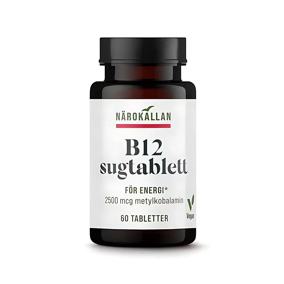 Närokällan B12 Sugtablett 60 tabs i en mörk burk med vit etikett och svart lock.