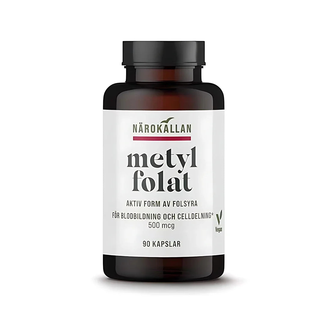 Närokällan Metylfolat 90 caps veganskt kosttillskott i en mörkbrun burk med vit etikett och svart text., bild 1 av 1