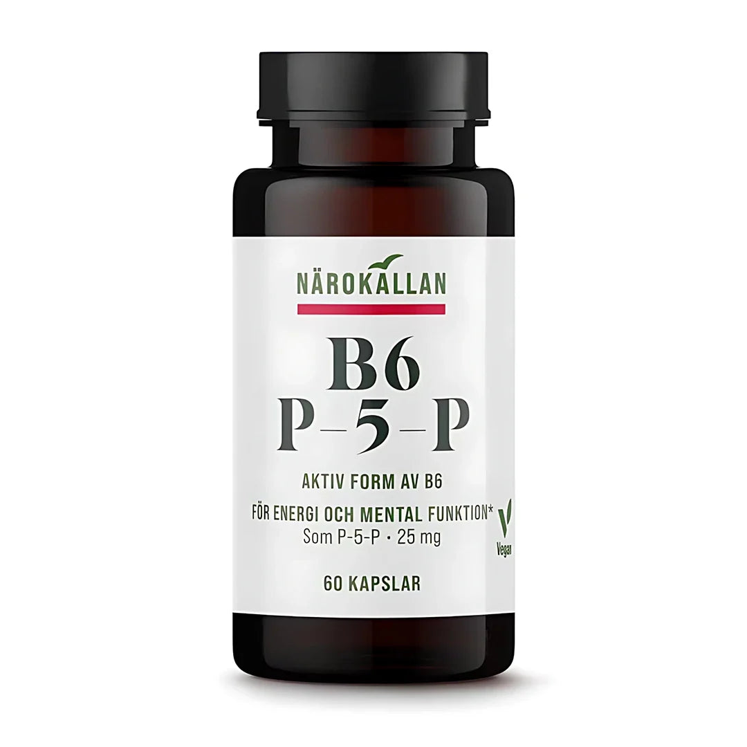 Närokällan B6 P5P 25 mg 60 caps vitaminkapslar i en mörkbrun burk med svart lock och vit etikett., bild 1 av 1