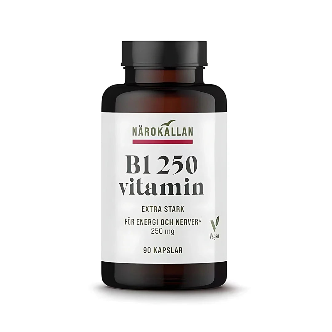 Närokällan B1 250 mg 90 caps kosttillskott i en mörkbrun burk med vit etikett.