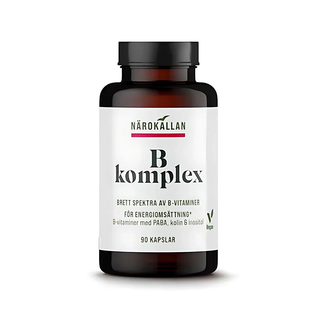 Närokällan B-komplex 90 caps i en mörkbrun burk med vit etikett, ett veganskt kosttillskott med alla B-vitaminer.