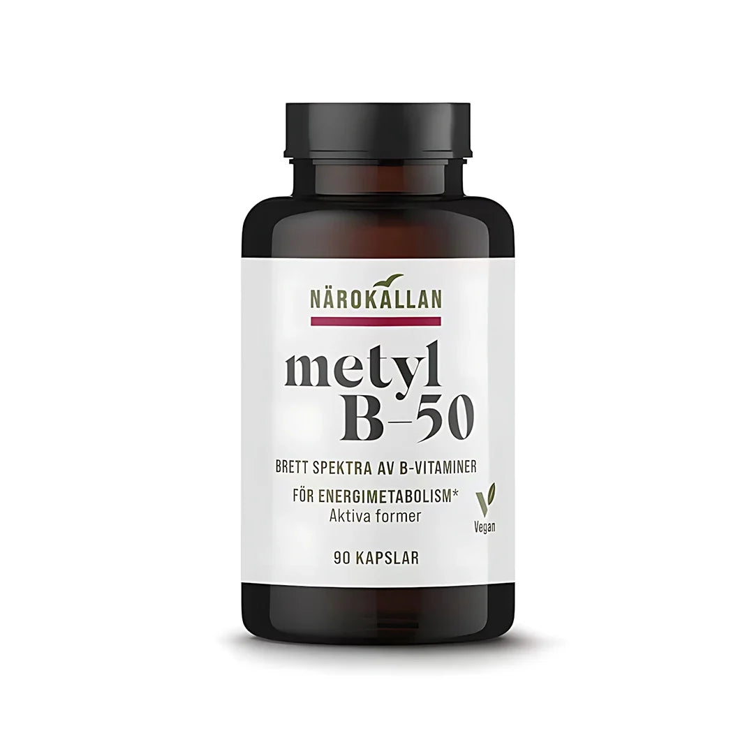 Närokällan Metyl B-50 komplex 90 caps i en mörk glasburk med vit etikett och svart lock.