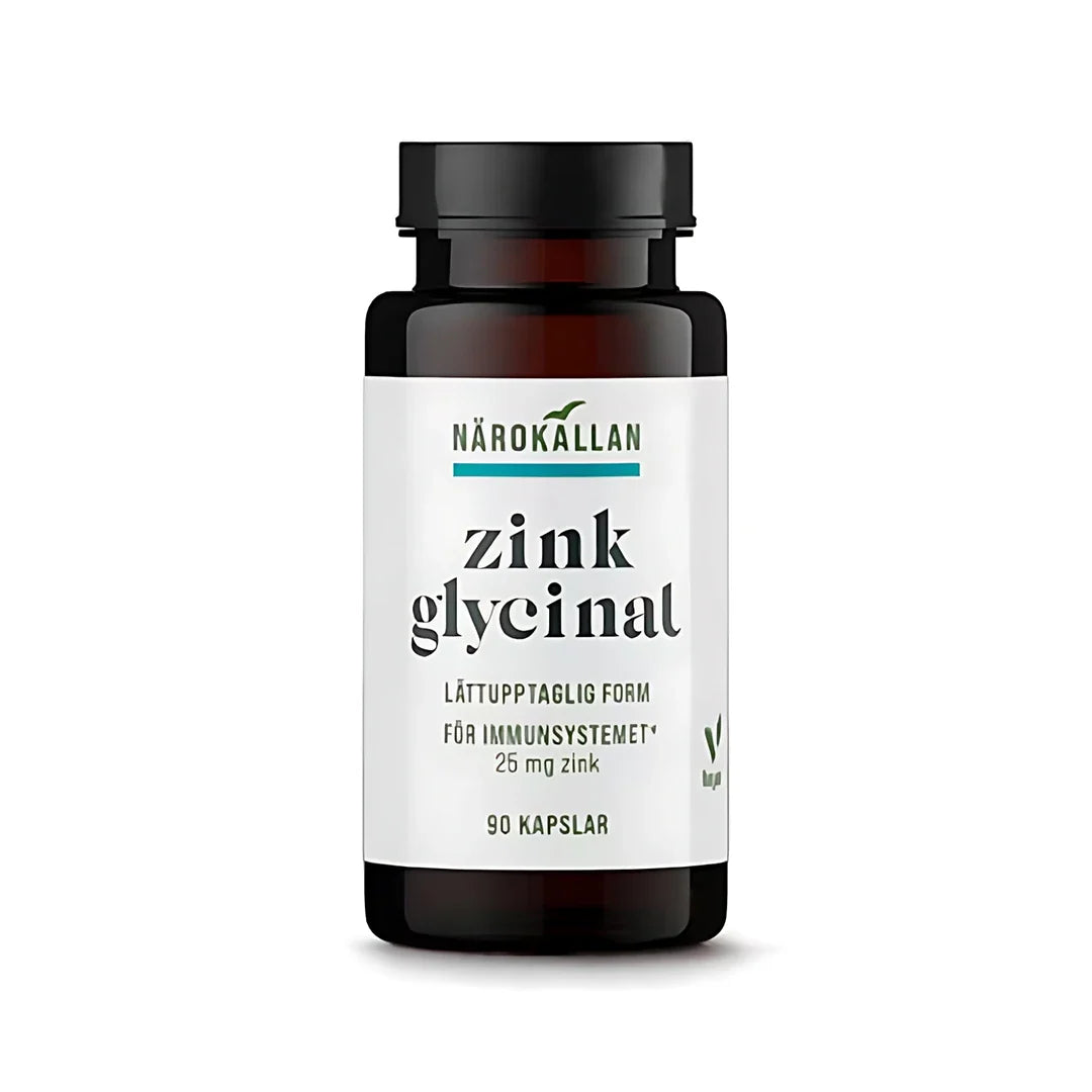 Närokällan Zinkglycinat 90 caps kosttillskott i en mörkbrun burk med svart lock och en vit etikett med svarta textdetaljer., bild 1 av 1
