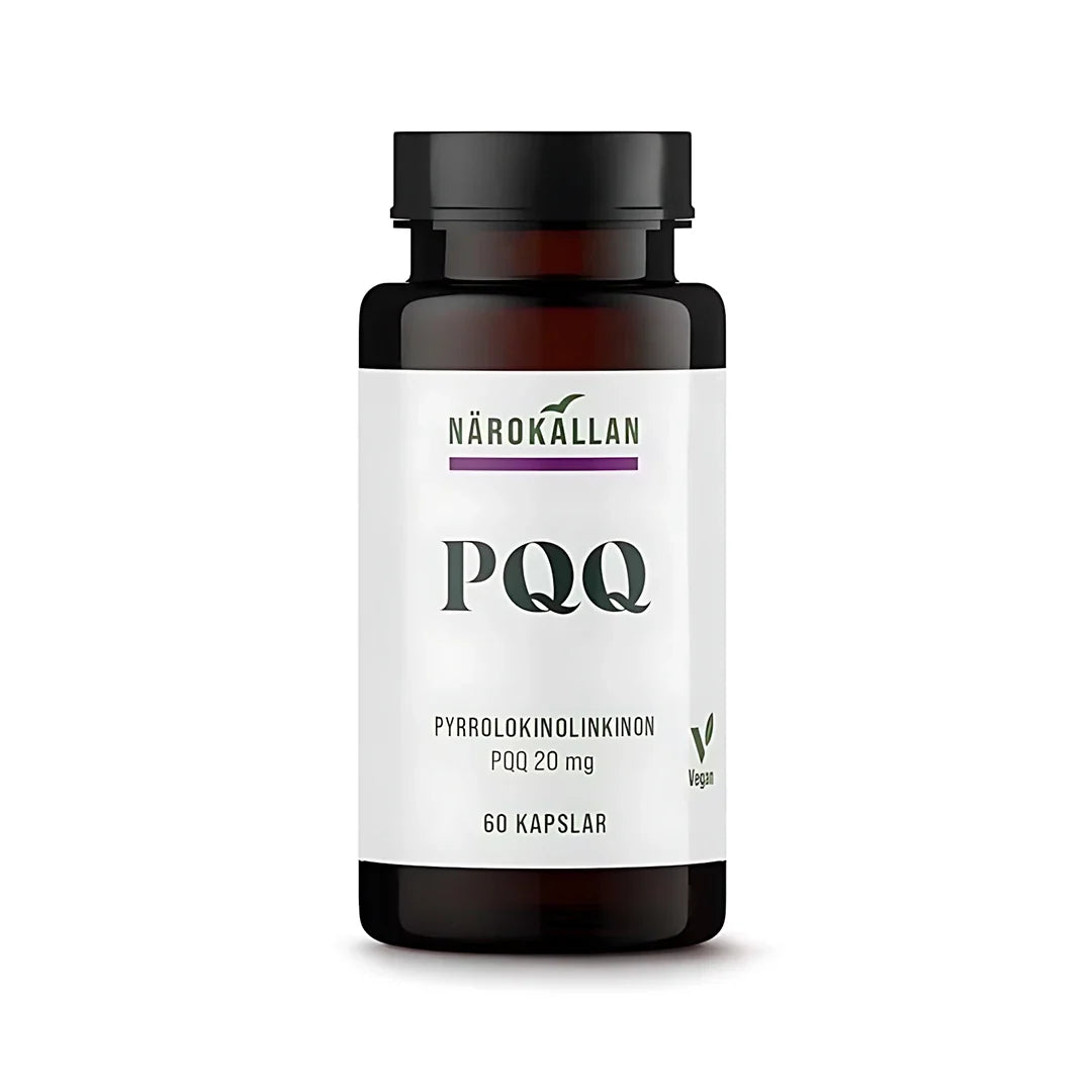 Närokällan PQQ 60 caps, mörk burk med vit etikett och svart lock, ett veganskt kosttillskott i kapselform., bild 1 av 1