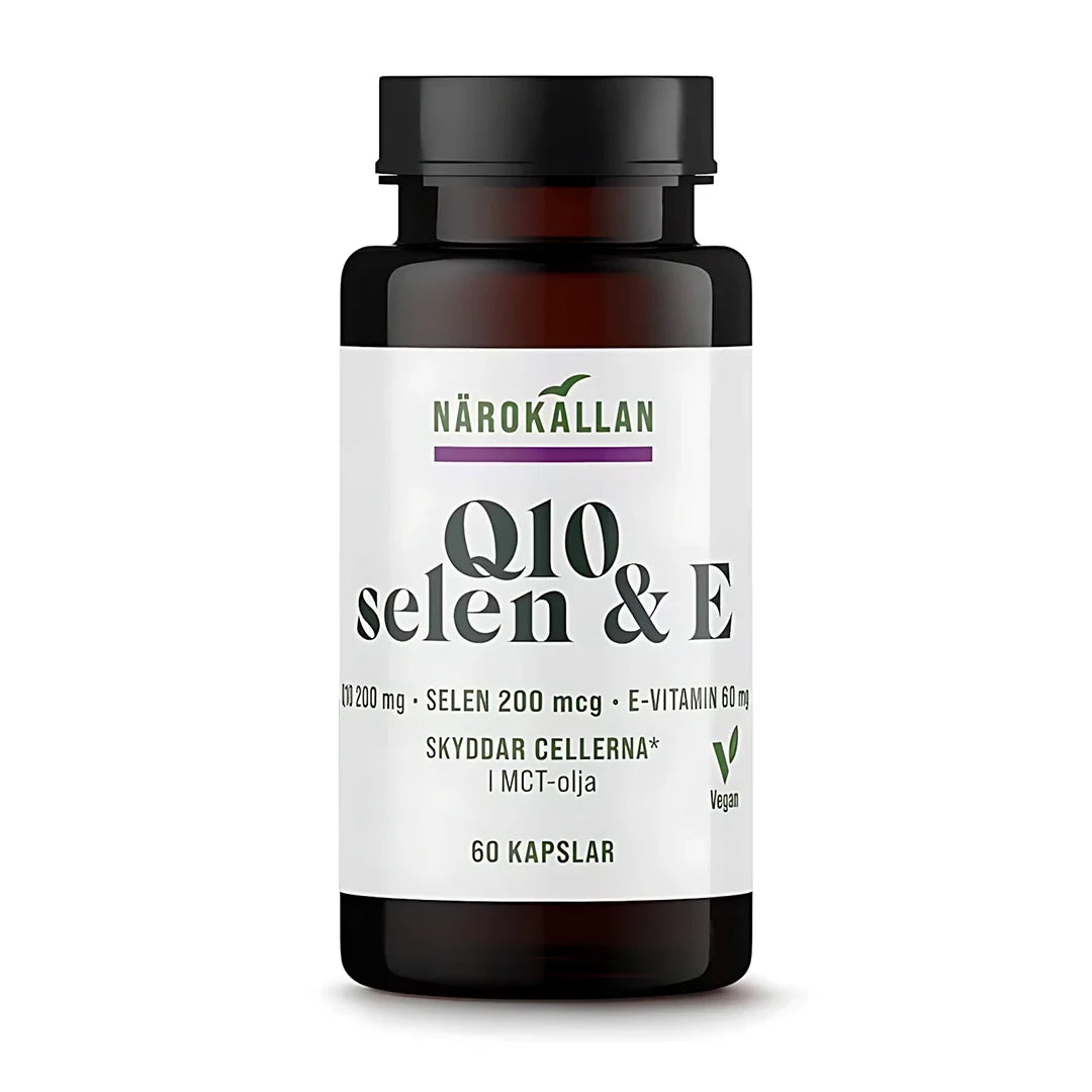 Närokällan Q10 200 mg + Selen &amp; E 60 caps i en mörk burk med vit etikett och tydlig text., bild 1 av 1