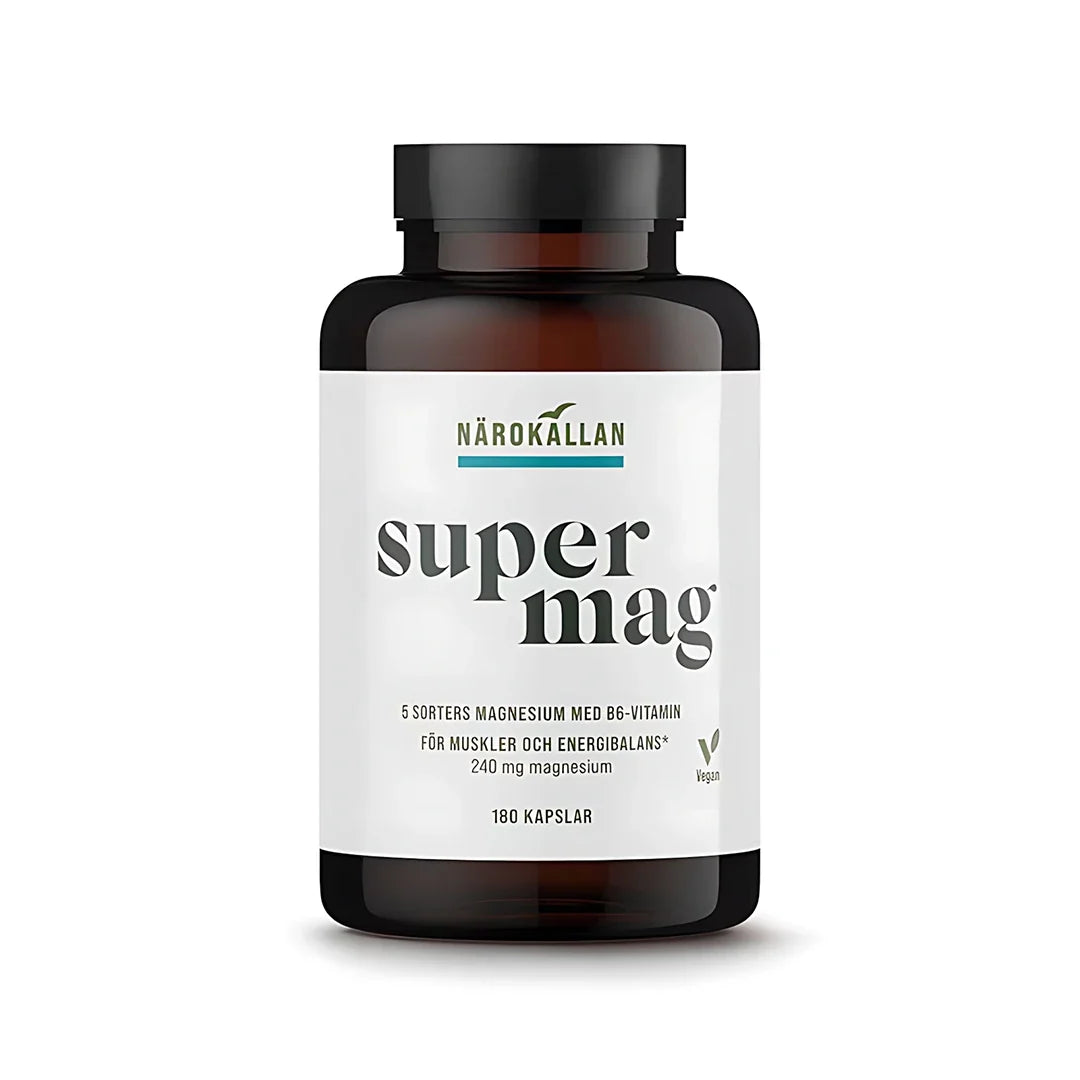 Närokällan Super Mag 180 caps magnesiumtillskott i en brun burk med vit etikett och texten super mag.